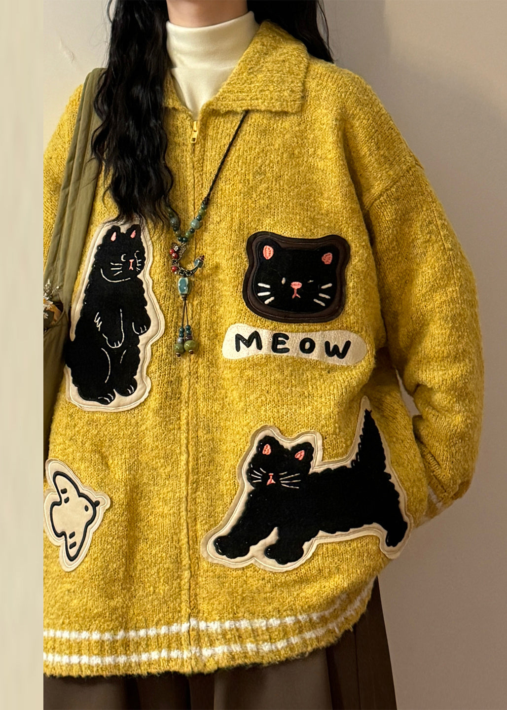 Loose Yellow Peter Pan Collar Zippered Applique Knit Coats Spring