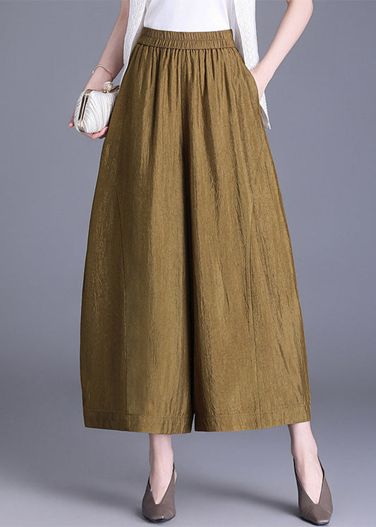 Loose Yellow Pockets Draping Elastic Waist Wide Leg Crop Pants Fall