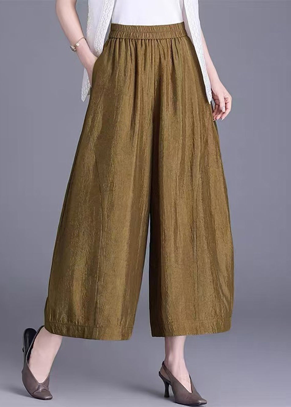 Loose Yellow Pockets Draping Elastic Waist Wide Leg Crop Pants Fall