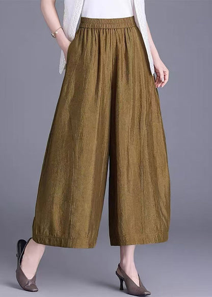 Loose Yellow Pockets Draping Elastic Waist Wide Leg Crop Pants Fall