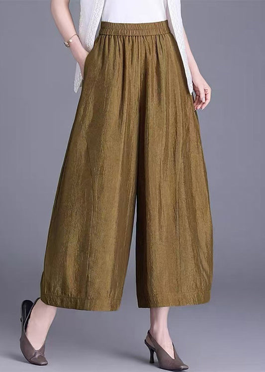 Loose Yellow Pockets Draping Elastic Waist Wide Leg Crop Pants Fall