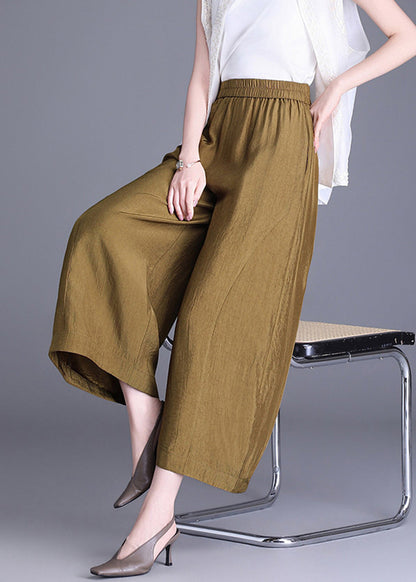 Loose Yellow Pockets Draping Elastic Waist Wide Leg Crop Pants Fall