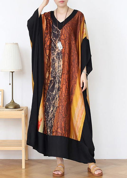 Loose Yellow Print Chiffon V Neck Over size Spring Dresses - SooLinen