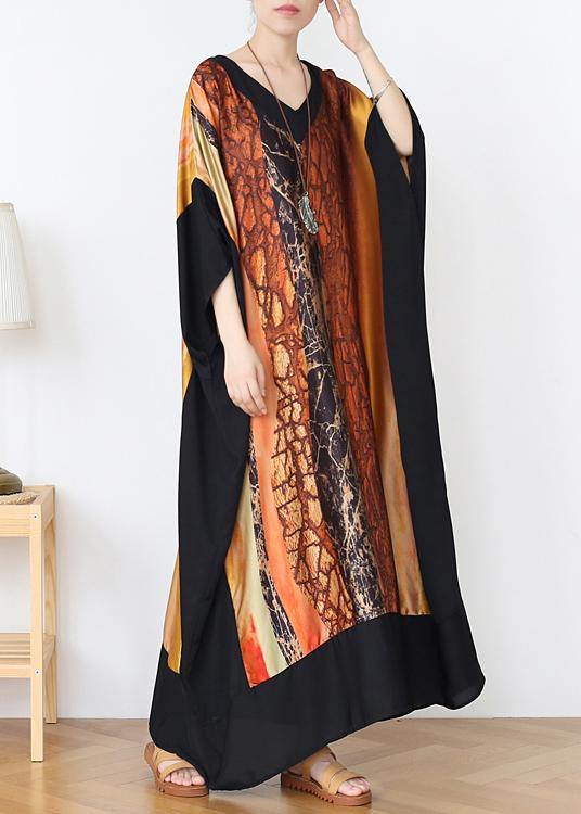 Loose Yellow Print Chiffon V Neck Over size Spring Dresses - SooLinen