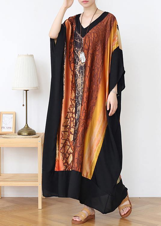 Loose Yellow Print Chiffon V Neck Over size Spring Dresses - SooLinen