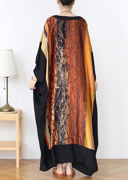 Loose Yellow Print Chiffon V Neck Over size Spring Dresses - SooLinen