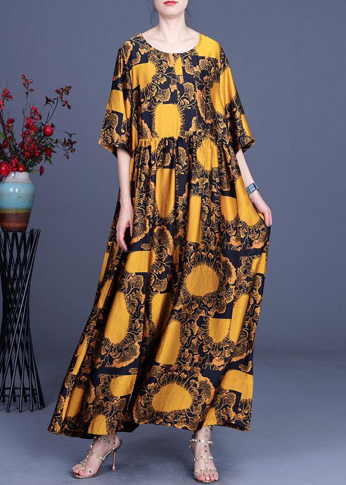 Loose Yellow Print Silk Loose Ankle Dress Summer - SooLinen