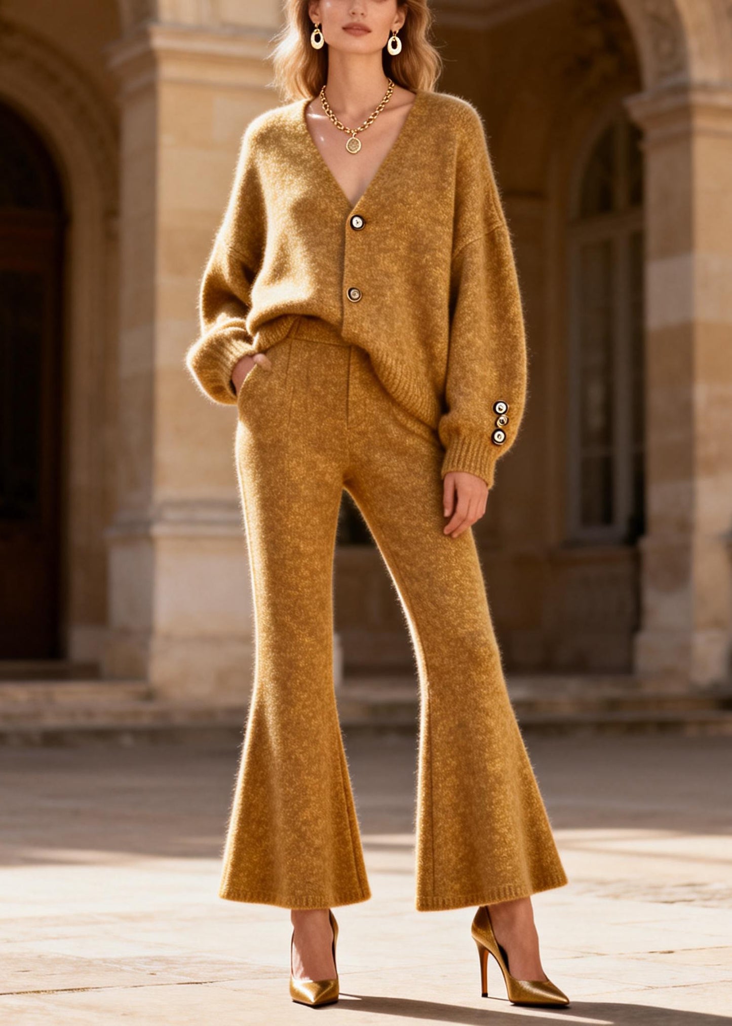Loose Yellow V Neck Cotton Knit Cardigans And Flared Trousers Two Pieces Set Spring