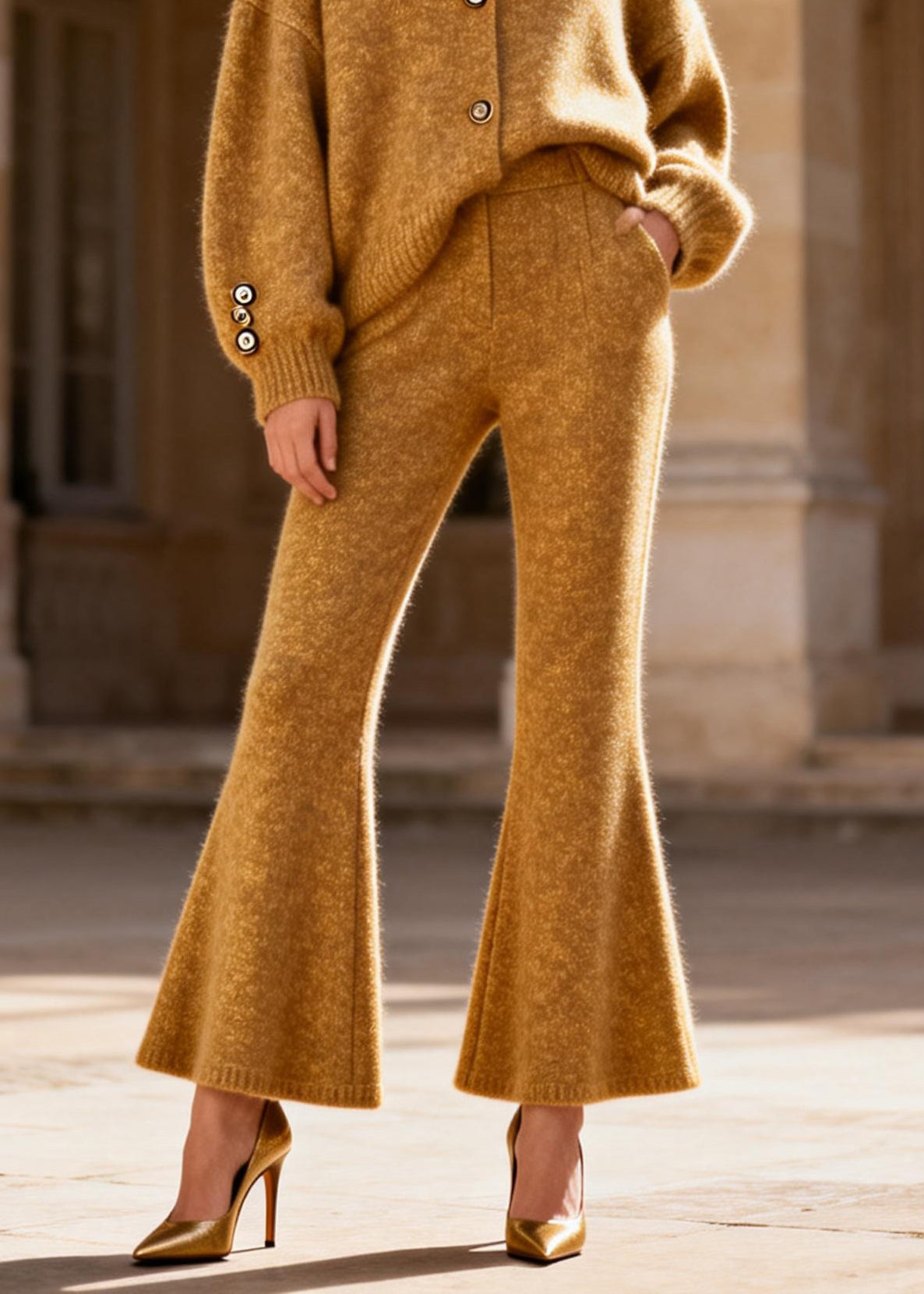 Loose Yellow V Neck Cotton Knit Cardigans And Flared Trousers Two Pieces Set Spring