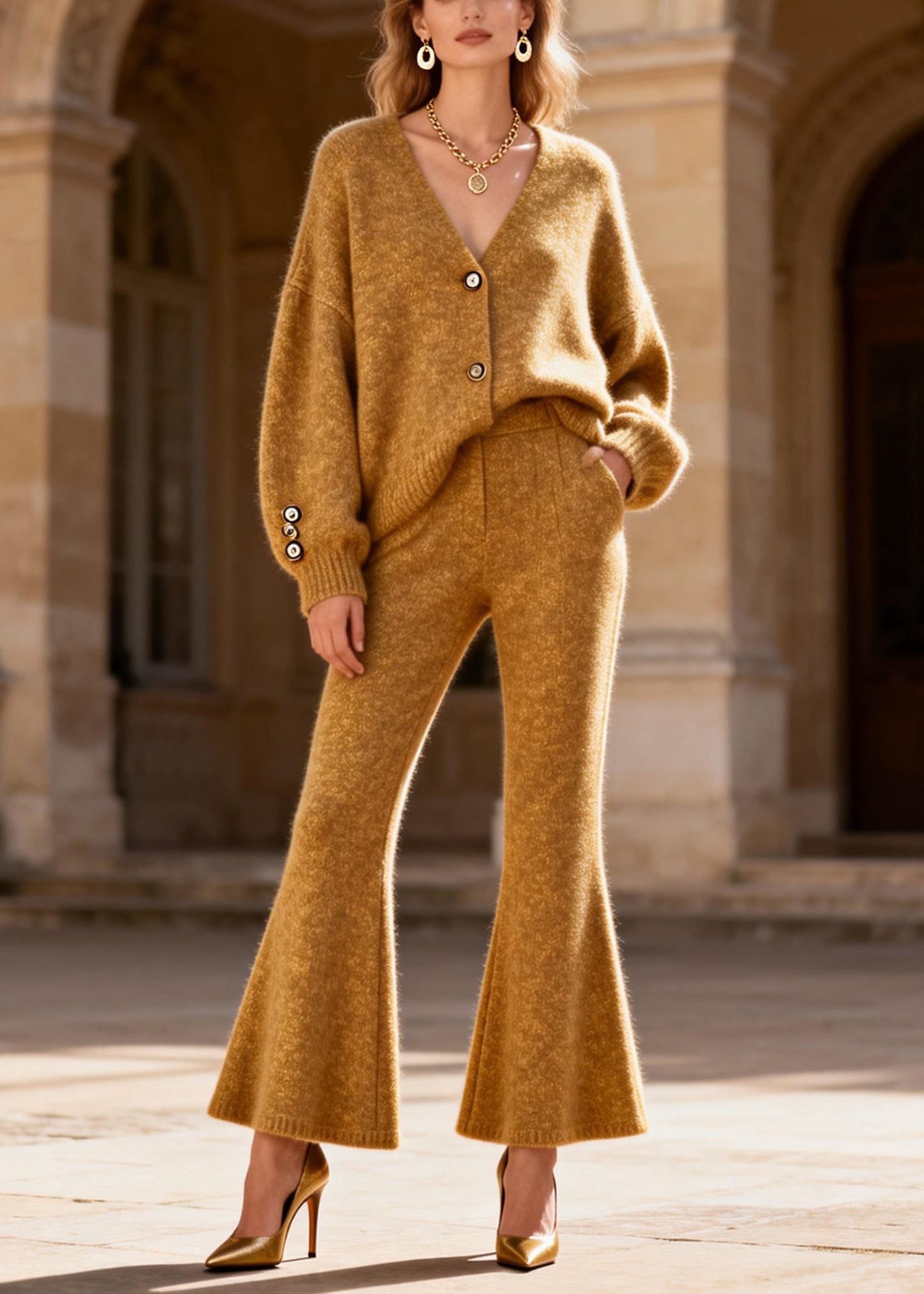 Loose Yellow V Neck Cotton Knit Cardigans And Flared Trousers Two Pieces Set Spring
