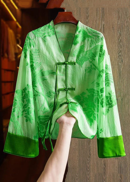 Loose Green flowers V Neck Embroidered Button Silk Shirts Spring