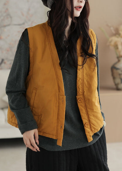 Loose Yellow V Neck Pockets Thick Waistcoat Sleeveless