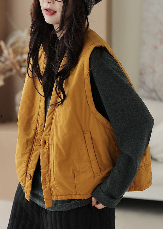 Loose Yellow V Neck Pockets Thick Waistcoat Sleeveless