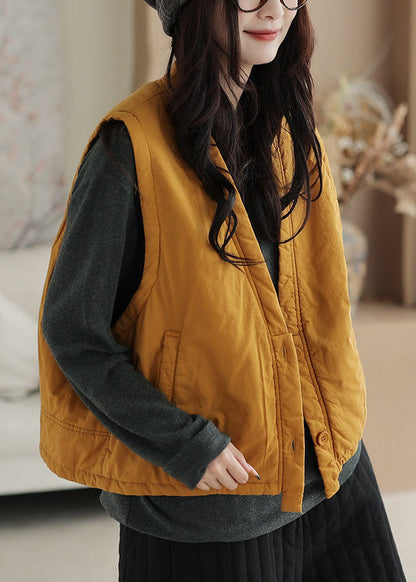 Loose Yellow V Neck Pockets Thick Waistcoat Sleeveless