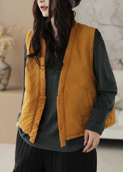 Loose Yellow V Neck Pockets Thick Waistcoat Sleeveless