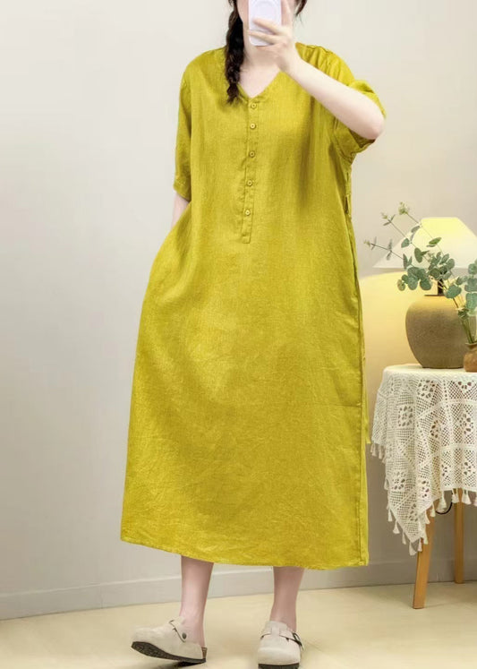 Loose Yellow V Neck Pockets Tie Waist Linen Long Dresses Summer
