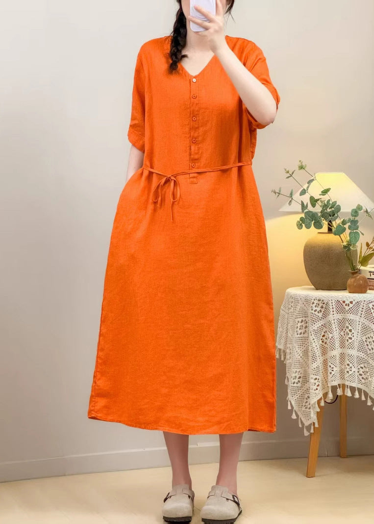 Loose Yellow V Neck Pockets Tie Waist Linen Long Dresses Summer