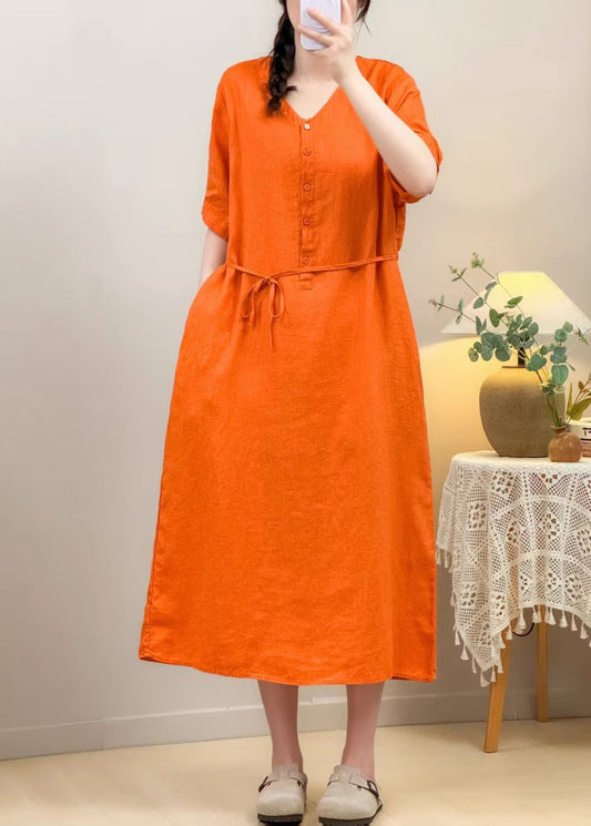 Loose Yellow V Neck Pockets Tie Waist Linen Long Dresses Summer