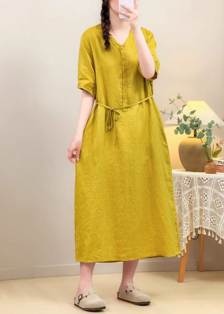 Loose Yellow V Neck Pockets Tie Waist Linen Long Dresses Summer