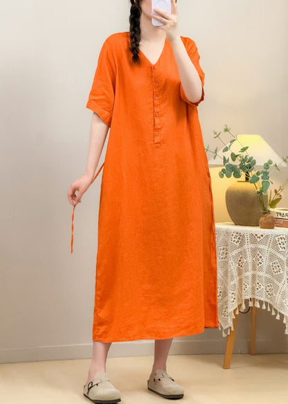 Loose Yellow V Neck Pockets Tie Waist Linen Long Dresses Summer