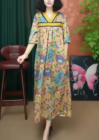 Loose Yellow V Neck Print Cotton Long Dresses Summer