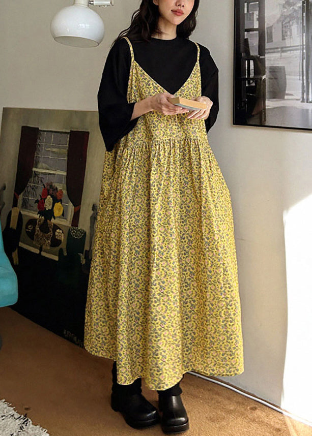 Loose Yellow V Neck Print Pockets Cotton Spaghetti Strap Dresses Sleeveless