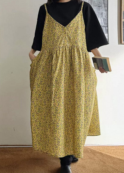 Loose Yellow V Neck Print Pockets Cotton Spaghetti Strap Dresses Sleeveless