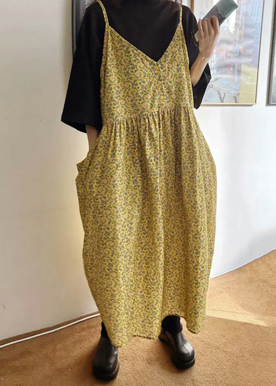 Loose Yellow V Neck Print Pockets Cotton Spaghetti Strap Dresses Sleeveless
