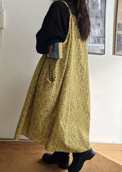 Loose Yellow V Neck Print Pockets Cotton Spaghetti Strap Dresses Sleeveless