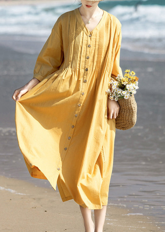Loose Yellow V Neck Wrinkled Maxi Dresses Three Quarter Sleeve