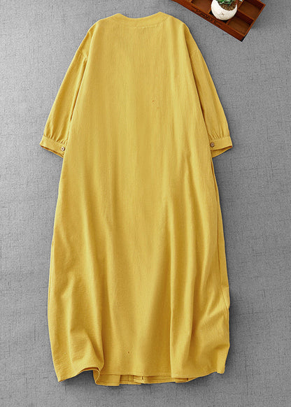 Loose Yellow Wrinkled Button Cotton Shirts Dress Summer