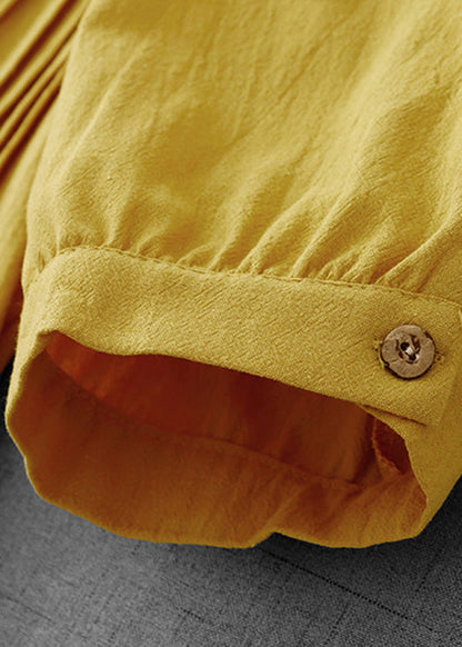 Loose Yellow Wrinkled Button Cotton Shirts Dress Summer