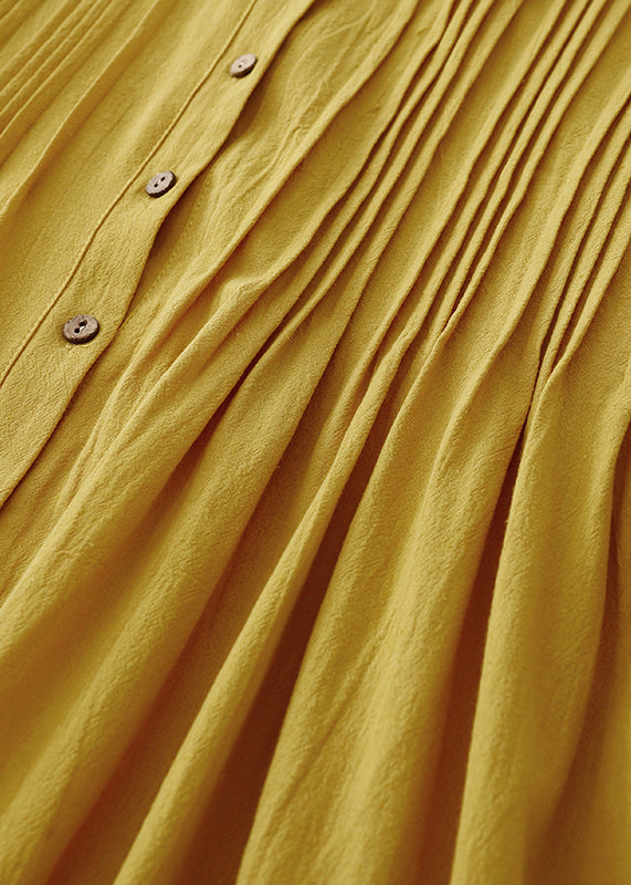 Loose Yellow Wrinkled Button Cotton Shirts Dress Summer