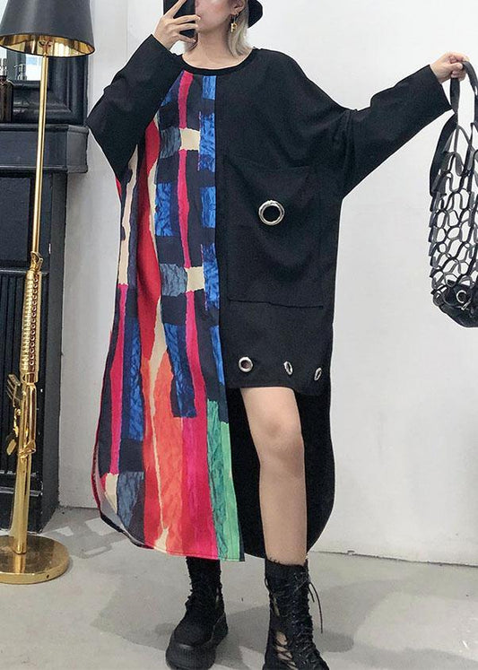 Loose asymmetric patchwork cotton quilting clothes Sleeve black Maxi Dress fall - SooLinen