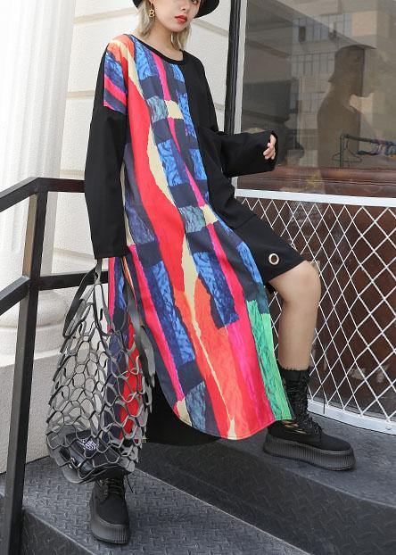 Loose asymmetric patchwork cotton quilting clothes Sleeve black Maxi Dress fall - SooLinen