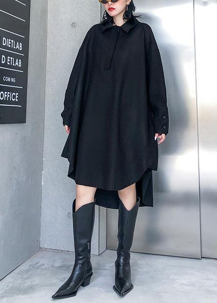 Loose black Cotton tunic pattern lapel low high design Art Dresses - SooLinen