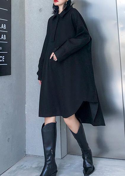 Loose black Cotton tunic pattern lapel low high design Art Dresses - SooLinen