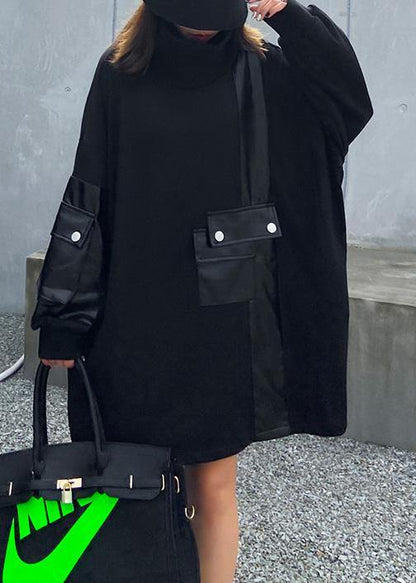 Loose black clothes Women high neck patchwork loose Dress - SooLinen