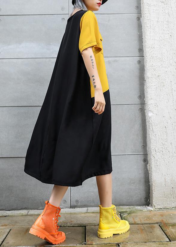 Loose black cotton quilting clothes o neck patchwork robes summer Dresses - SooLinen