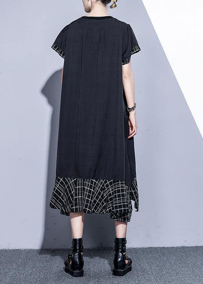 Loose black cotton quilting clothes patchwork plaid hem  summer Dress - SooLinen