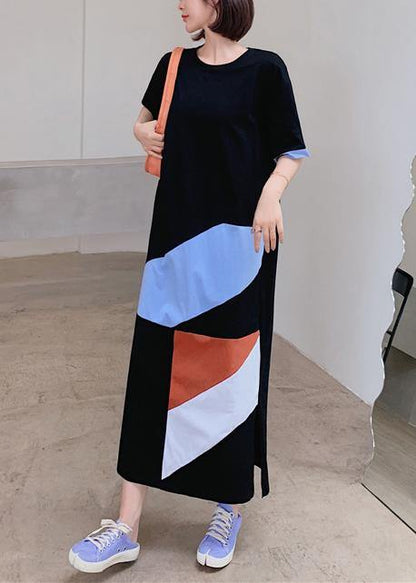 Loose black dress o neck Geometric patchwork Plus Size Dresses - SooLinen