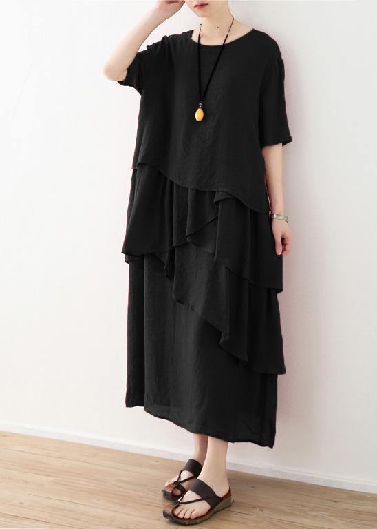 Loose black linen cotton dress plus size Shirts layered  Plus Size Clothing summer Dresses - SooLinen