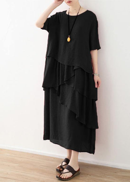 Loose black linen cotton dress plus size Shirts layered  Plus Size Clothing summer Dresses - SooLinen