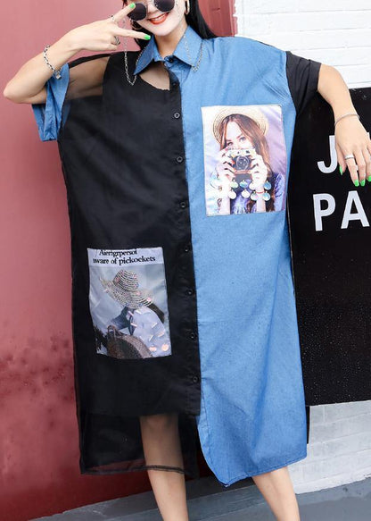 Loose black patchwork blended clothes For Women prints Maxi summer shirt Dresses - SooLinen