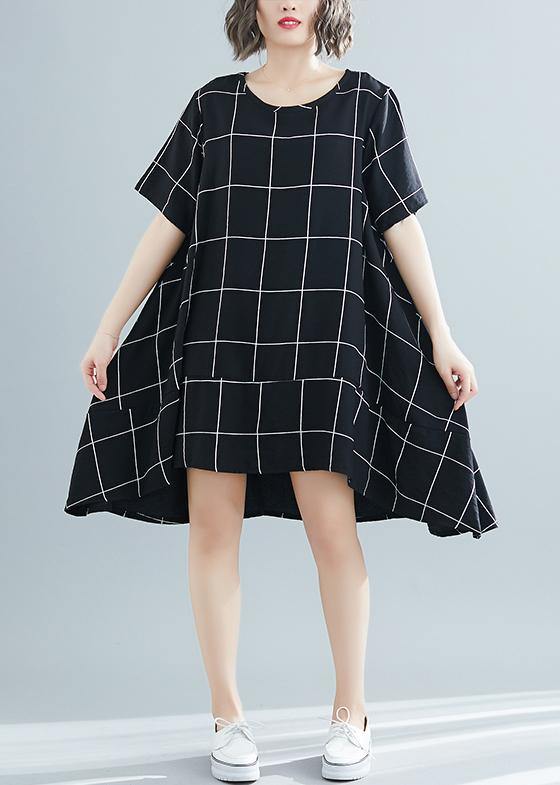 Loose black plaid Cotton clothes plus size Tutorials low high design tunic summer Dress - SooLinen