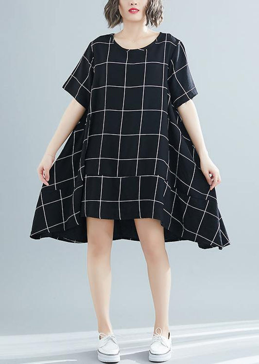 Loose black plaid Cotton clothes plus size Tutorials low high design tunic summer Dress - SooLinen