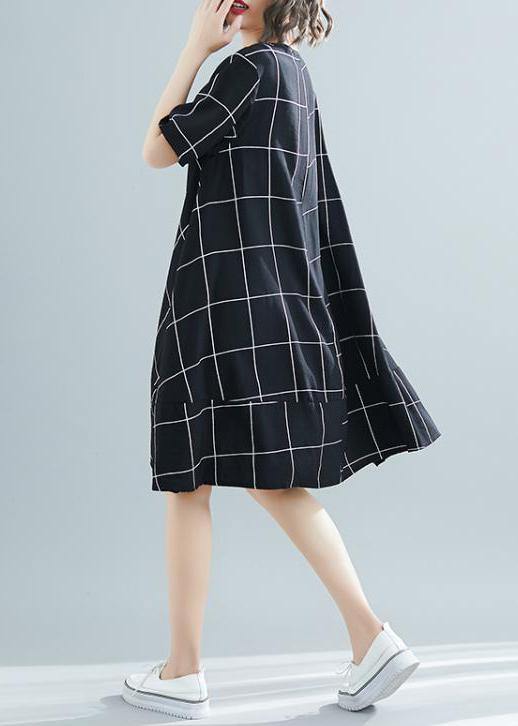 Loose black plaid Cotton clothes plus size Tutorials low high design tunic summer Dress - SooLinen