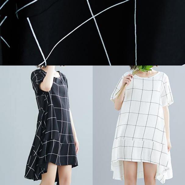 Loose black plaid Cotton clothes plus size Tutorials low high design tunic summer Dress - SooLinen