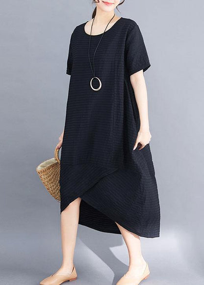 Loose black short sleeve cotton clothes asymmetric patchwork summer Dresses - SooLinen