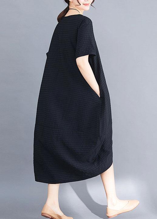 Loose black short sleeve cotton clothes asymmetric patchwork summer Dresses - SooLinen